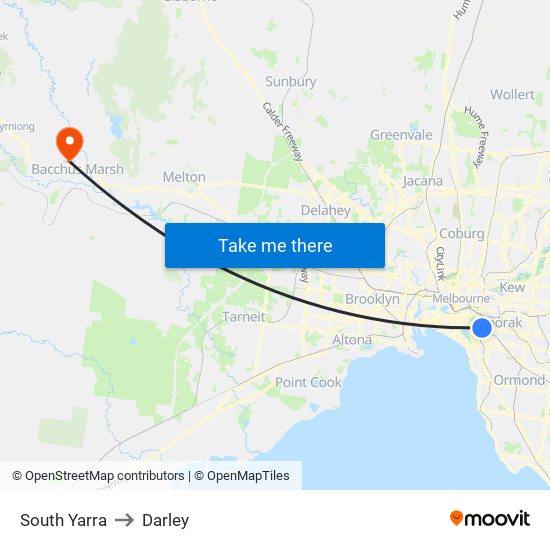 South Yarra to Darley map
