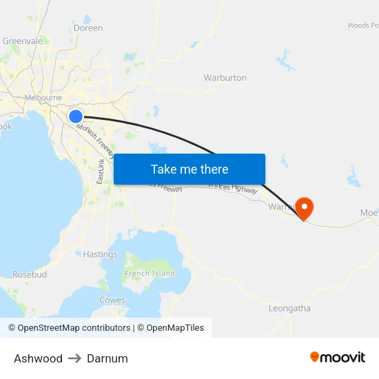 Ashwood to Darnum map