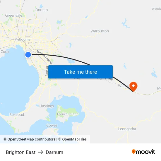 Brighton East to Darnum map
