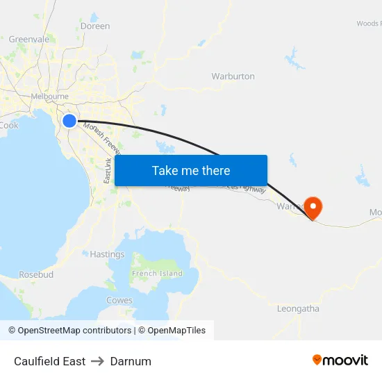 Caulfield East to Darnum map