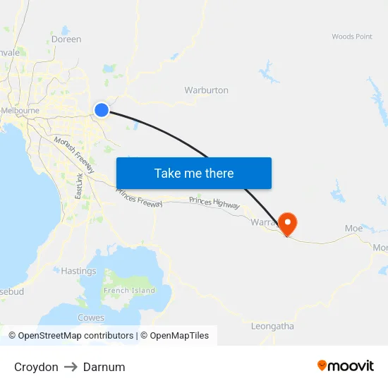 Croydon to Darnum map