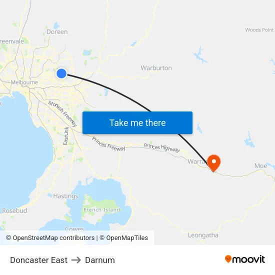 Doncaster East to Darnum map