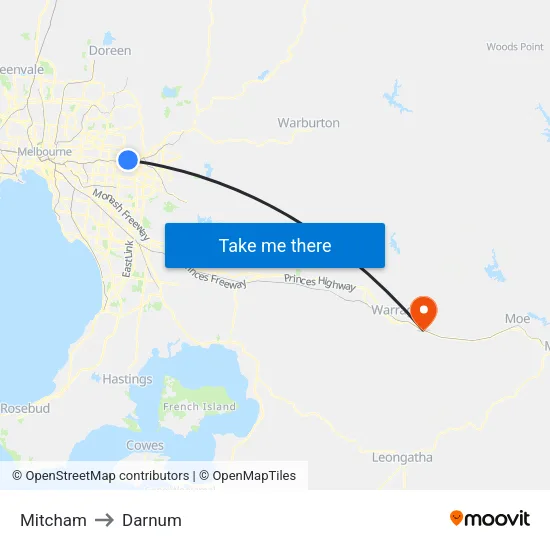 Mitcham to Darnum map