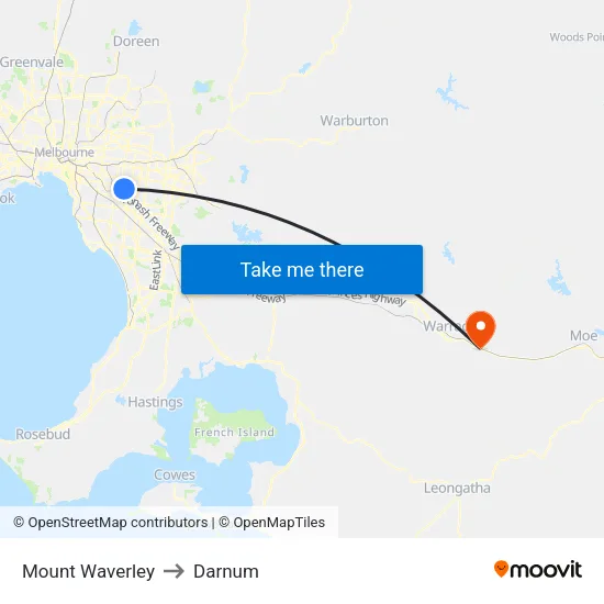 Mount Waverley to Darnum map