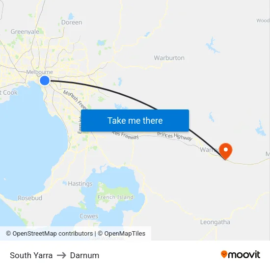 South Yarra to Darnum map