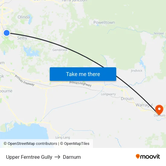 Upper Ferntree Gully to Darnum map