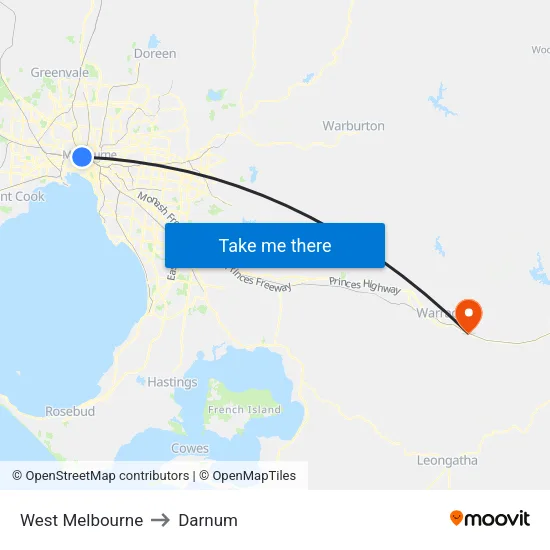 West Melbourne to Darnum map
