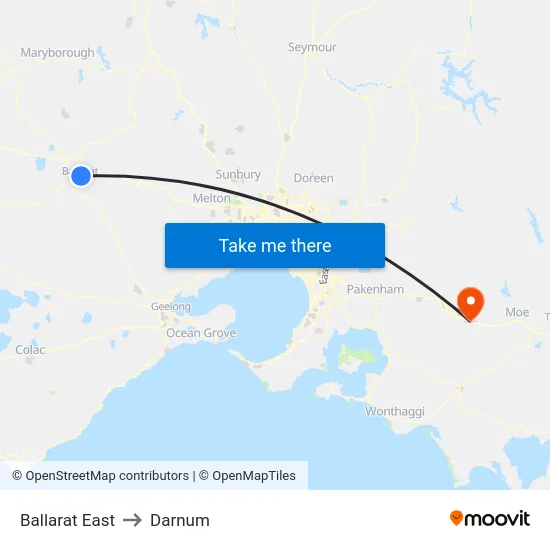 Ballarat East to Darnum map