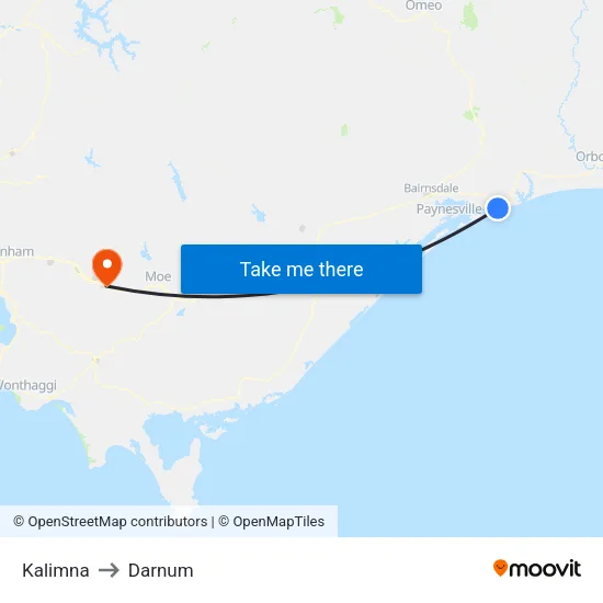 Kalimna to Darnum map