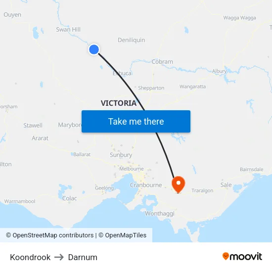 Koondrook to Darnum map