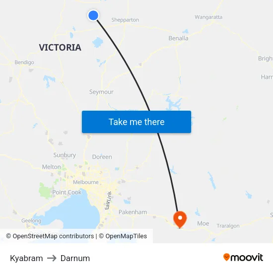 Kyabram to Darnum map