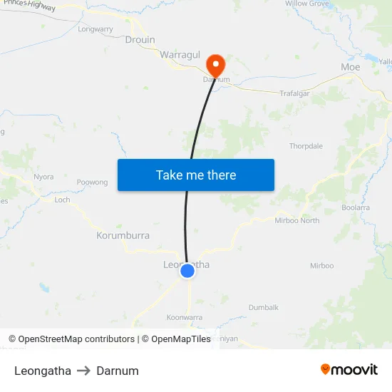 Leongatha to Darnum map