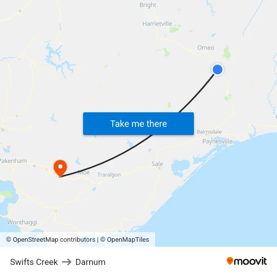 Swifts Creek to Darnum map