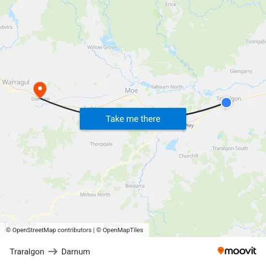 Traralgon to Darnum map