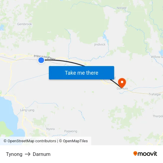 Tynong to Darnum map