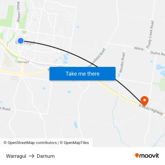 Warragul to Darnum map