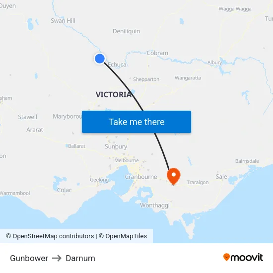 Gunbower to Darnum map