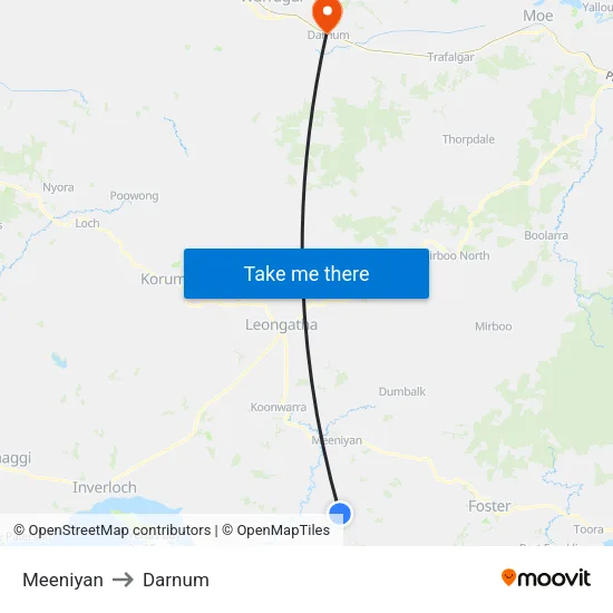 Meeniyan to Darnum map