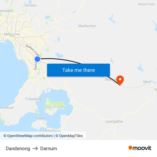 Dandenong to Darnum map