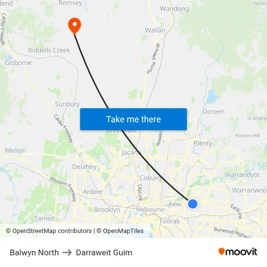 Balwyn North to Darraweit Guim map