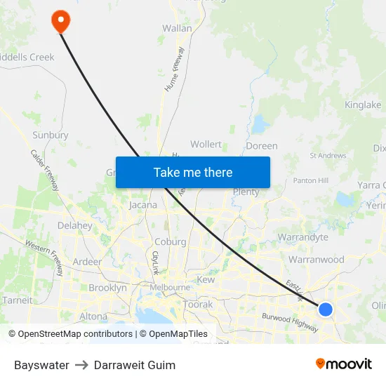 Bayswater to Darraweit Guim map