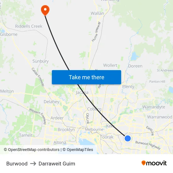 Burwood to Darraweit Guim map