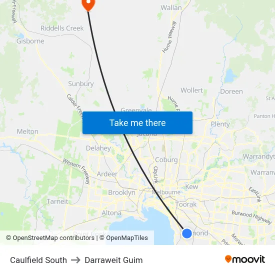 Caulfield South to Darraweit Guim map