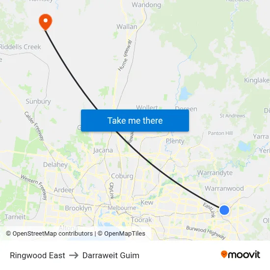 Ringwood East to Darraweit Guim map