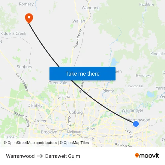 Warranwood to Darraweit Guim map