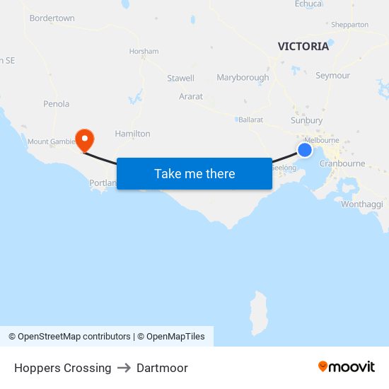 Hoppers Crossing to Dartmoor map