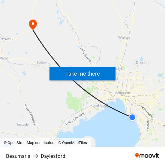 Beaumaris to Daylesford map