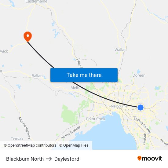 Blackburn North to Daylesford map
