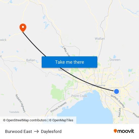 Burwood East to Daylesford map