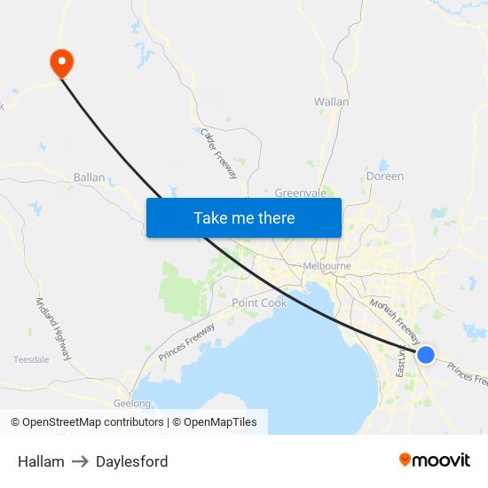Hallam to Daylesford map