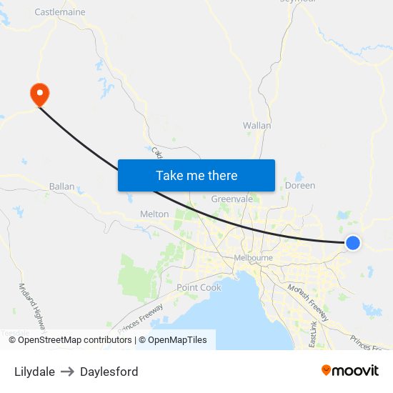 Lilydale to Daylesford map