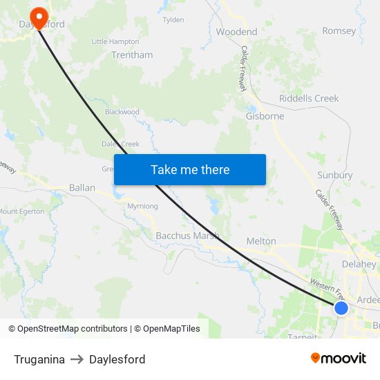 Truganina to Daylesford map