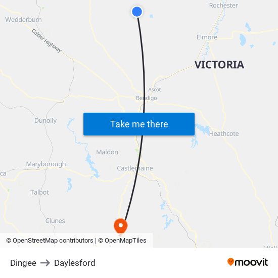 Dingee to Daylesford map