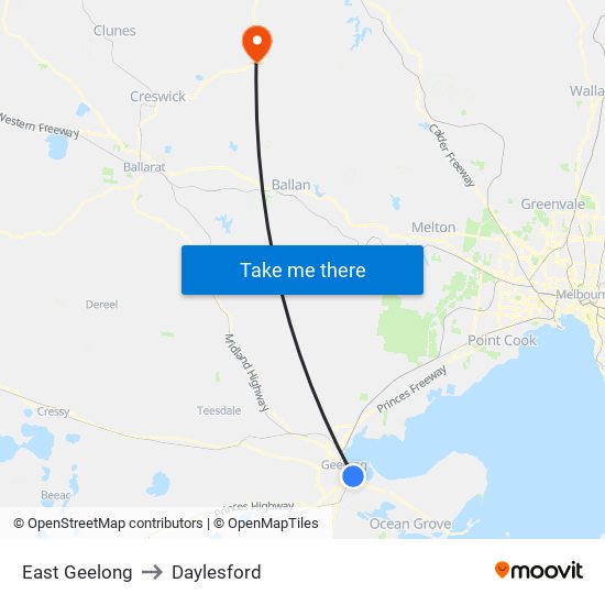 East Geelong to Daylesford map