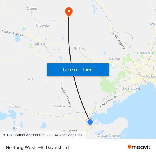 Geelong West to Daylesford map