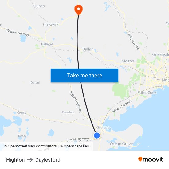 Highton to Daylesford map