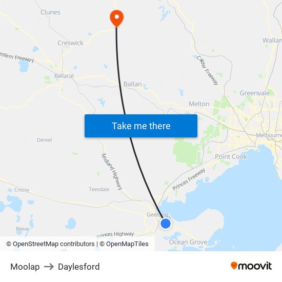 Moolap to Daylesford map