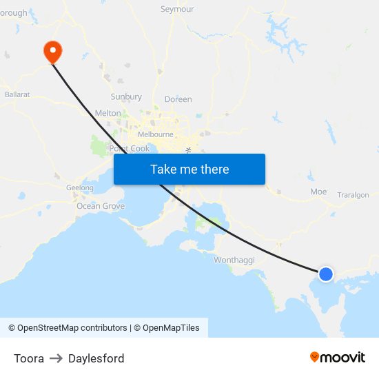 Toora to Daylesford map