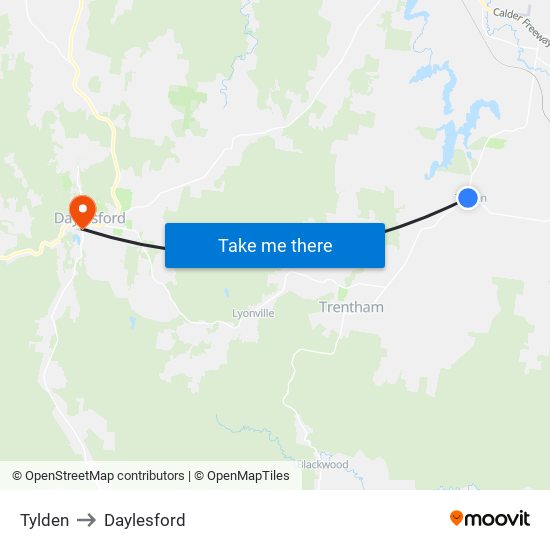 Tylden to Daylesford map