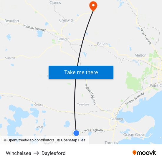 Winchelsea to Daylesford map