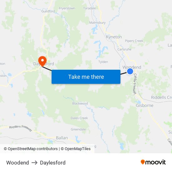 Woodend to Daylesford map