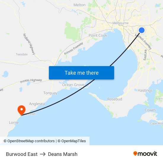 Burwood East to Deans Marsh map
