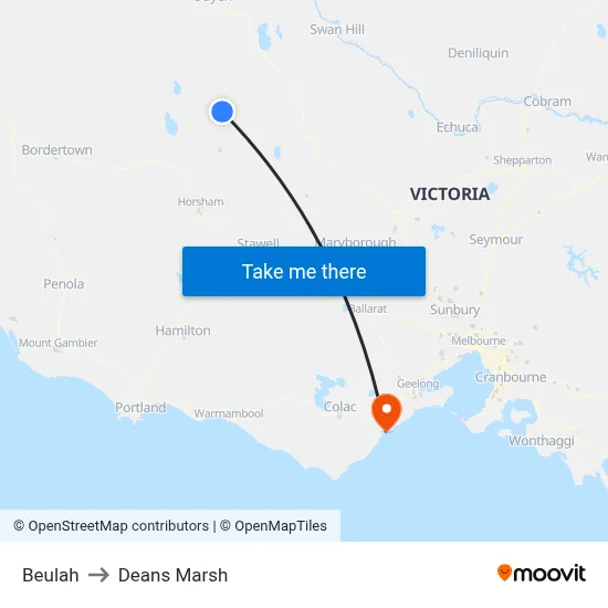 Beulah to Deans Marsh map