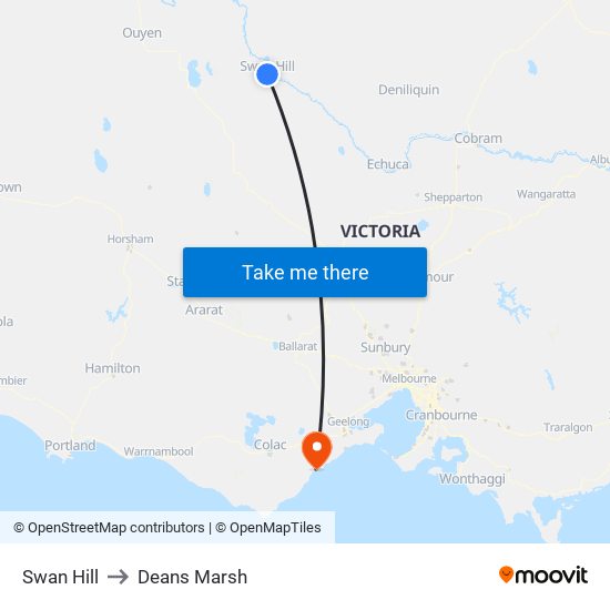Swan Hill to Deans Marsh map