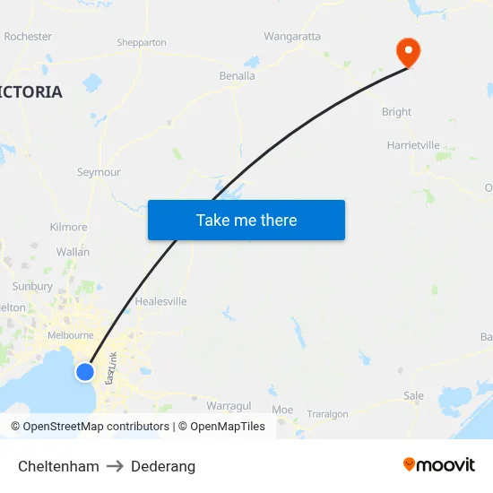 Cheltenham to Dederang map