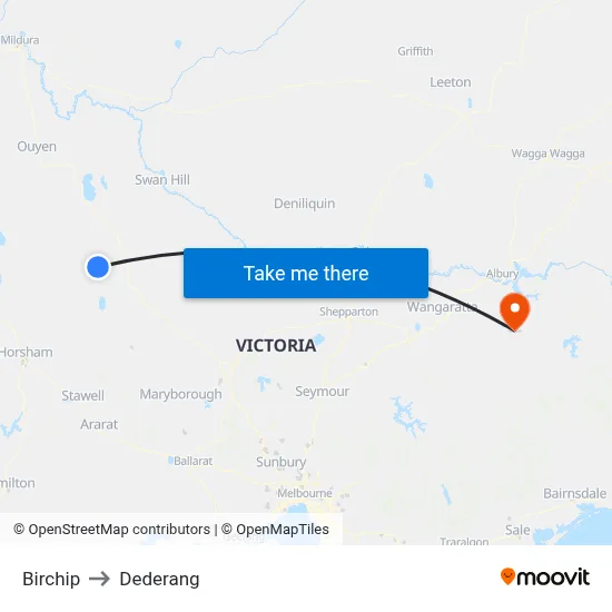 Birchip to Dederang map